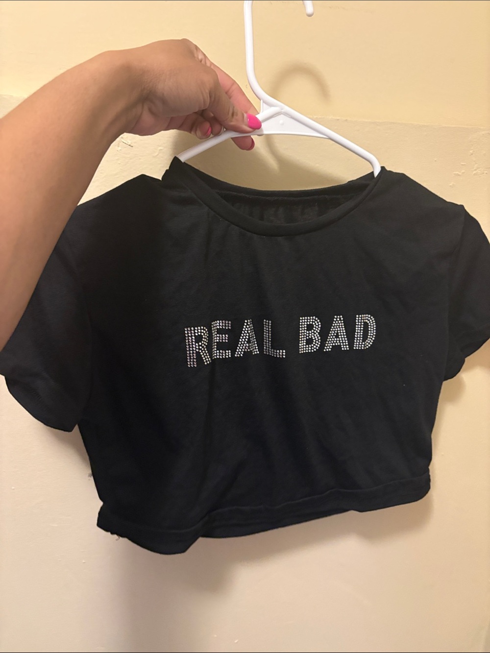 Black 'REAL BAD' Rhinestone Crop Tee